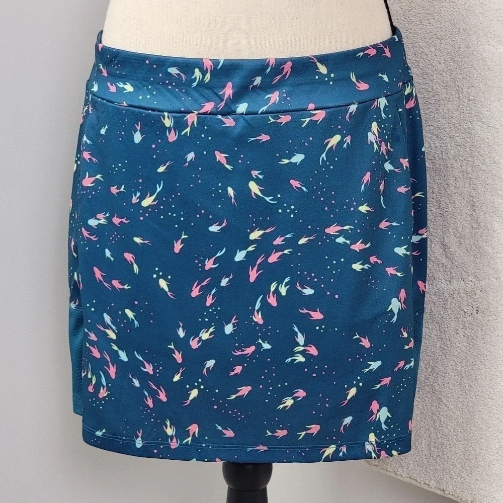 PGA‎ Tour Golf Skort L Large Blue Koi Fish Print Coastal Athletic Tennis Skirt
